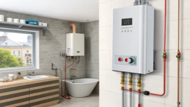 Gas-Durchlauferhitzer an der Wand für dezentrale Warmwasserbereitung [Bildinhalt mit KI erstellt]