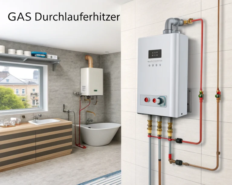 Gas-Durchlauferhitzer an der Wand für dezentrale Warmwasserbereitung [Bildinhalt mit KI erstellt]