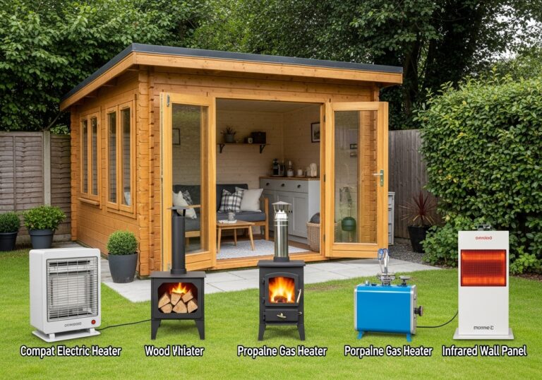Beheiztes Gartenhaus mit Sitzbereich und winterlicher Umgebung [Bildinhalt mit KI erstellt]