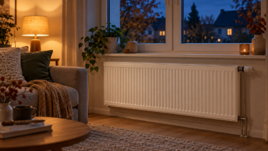 Heizkörper im Wohnzimmer am Abend [Bildinhalt mit KI erstellt]