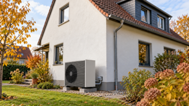 Luft-Wasser-Wärmepumpe neben einem älteren Einfamilienhaus [Bildinhalt mit KI erstellt]